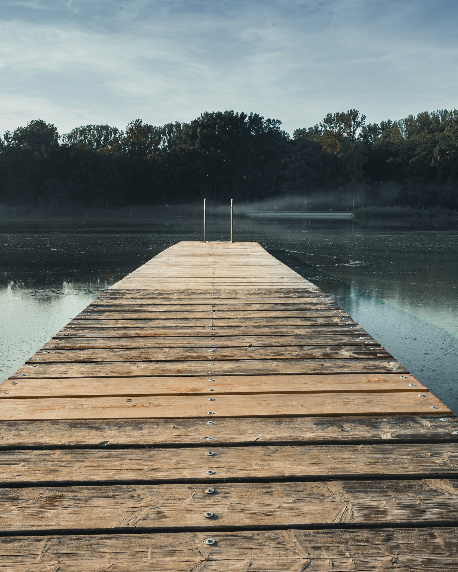 Píer rústico de madeira em margem arborizada com barco ao longe, acesso ao Lago Paranoá